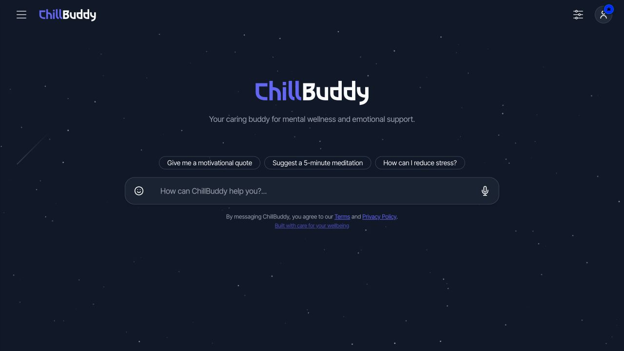 ChillBuddy original interface with conversation suggestions and chat input
