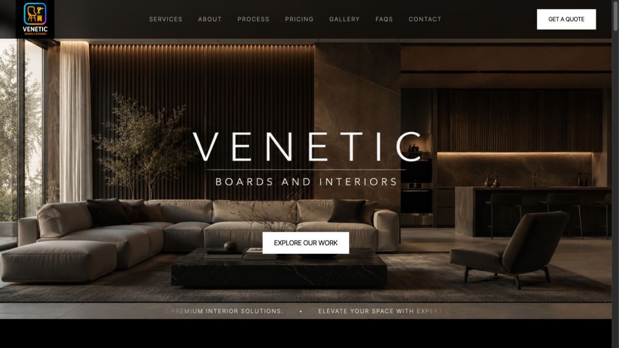 Venetic Boards and Interiors live homepage showcasing a contemporary interior
