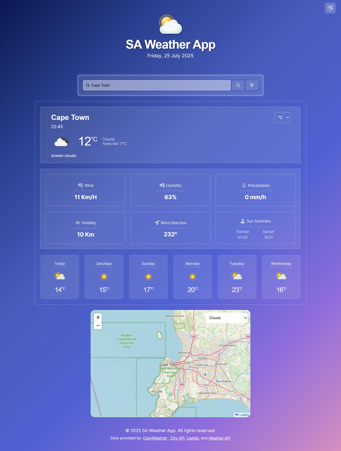 SA Weather App showing Cape Town conditions and forecast